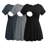 Smallshow Mujer Camiseta Lactancia Manga Corta T Shirt Premama Embarazada 3 Pack,Black-Dark Grey-Light Grey,XXL