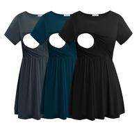 Smallshow Mujer Camiseta Lactancia Manga Corta T Shirt Premama Embarazada 3 Pack,Black-Dark Grey-Teal,XXL