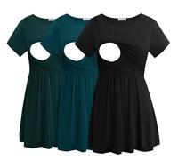 Smallshow Mujer Camiseta Lactancia Manga Corta T Shirt Premama Embarazada 3 Pack,Black-Deep Green-Teal,XL