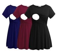 Smallshow Mujer Camiseta Lactancia Manga Corta T Shirt Premama Embarazada 3 Pack,Black-Navy-Maroon,XXL