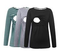 Smallshow Women's Maternity Nursing Tops Comfy Long Sleeve Breastfeeding T-Shirt Small Black-Light Grey-Deep Green Stripe