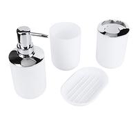 Smandy Juego de 4 Accesorios de Baño, Dispensador de de Plástico, Taza de Almacenamiento, Taza de Enjuague, Jabonera con Galvanoplastia Moderna para Organización del Baño, Artículos (White)