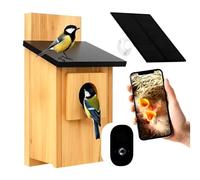 Smart Bird Box con cámara de 5 MP - Cámara nido con energía solar para observación de aves en vivo, detección de movimiento y captura de video, casa de pájaros de madera resistente a la intemperie