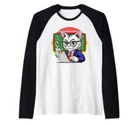 Smart Cat Teacher Studying Laptop Pizarra Camiseta Manga Raglan