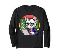 Smart Cat Teacher Studying Laptop Pizarra Manga Larga