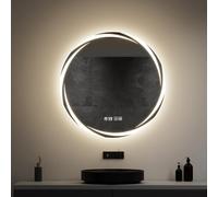 Smart - Espejo de baño retroiluminado LED con luces tricolores, pantalla antivaho de película de tiempo y temperatura, espejo redondo de tocador para baños modernos