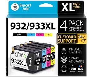 Smart Ink Reemplazo Compatible del Cartucho de Tinta HP 933 XL 932XL 4 Pack (Negro & Cian/Magenta/Amarillo) con tecnología de Chip avanzado para Usar con HP Officejet 6600 6100 6700 7110 7610 7612