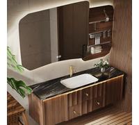 Smart LED - Juego de tocador de baño con fregadero y espejo, color negro, 140 cm, diseño moderno, ahorro de espacio, decoración elegante para el hogar, perfecto para baños pequeños