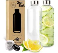 Smart-Planet Juego de 2 botellas de cristal de alta calidad - Botella de cristal de borosilicato - 1 botella de cristal con tapa de metal en aspecto de acero inoxidable - con bola de limpieza para