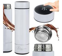 Smart Travel Mug, Taza termica, termo para cafe con pantalla LED, Acero inoxidable de doble pared, botella termica 500ml con tamiz, Taza termo cafe para llevar, mantiene el calor y el frío, Blanco