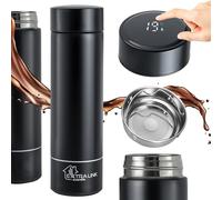 Smart Travel Mug, Taza termica, termo para cafe con pantalla LED, Acero inoxidable de doble pared, botella termica 500ml con tamiz, Taza termo cafe para llevar, mantiene el calor y el frío, Negro