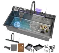 Smart waterfall kitchen sink worktop, inset black sink, stainless steel single bowl suitable for modern households and bars