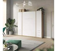SMARTBett Juego de pared con cama de armario estándar, 140 x 200 cm, vertical, 2 x 50 armarios, roble salvaje, blanco
