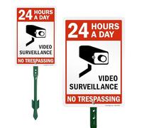 SmartSign 25,4 x 17,78 cm "24 Hours A Day - Video Surveillance, No Trespassing" Cartel de patio de césped y kit de estaca de 45,72 cm, aluminio laminado a prueba de herrumbre, rojo, blanco y negro, juego de 1