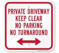 SmartSign Letrero de aluminio, leyenda "Private Driveway No Parking No Turn Around" con flecha, cuadrado de 12 pulgadas, rojo sobre blanco