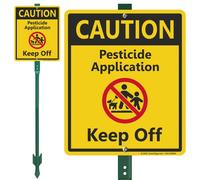 SmartSign Letrero de jardín "Caution - Pesticide Application, Keep Off" de 12 x 10" con estaca de 3 pies, aluminio laminado a prueba de herrumbre, rojo, negro y amarillo, juego de 1