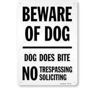 SmartSign Letrero de metal "Beware of Dog - Dog Does Bite, No Trespassing No Soliciting", 14 x 10 pulgadas, aluminio laminado inoxidable de 40 mil, blanco y negro