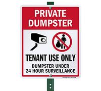SmartSign Letrero de patio "Private Dumpster - Uso solo para arrendatarios, Dumpster Under 24 Hour Surveillance" de 12 x 10 pulgadas con estaca de 3 pies, aluminio laminado a prueba de óxido, rojo, blanco y negro, juego de 1