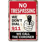 SmartSign Letrero divertido con texto en inglés "We Don't Dial 911, We Call The Coroner" con gráfico de pistola, aluminio laminado inoxidable de 40 mil, retro, vintage, multicolor, fabricado en