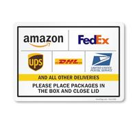 SmartSign Paquete de 4 etiquetas adhesivas "Please Place Packages in The Box and Close Lid" con logotipos del socio de entrega, 5 x 7 pulgadas, poliéster laminado de 5 mil con adhesivo SuperStick,