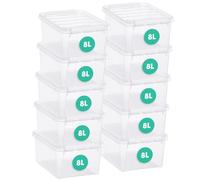 SmartStore 8L - Cajas de almacenamiento de plástico con tapas, 10 unidades, transparentes y apilables, aptas para el contacto con alimentos, cierre de clips, 34 x W 25 x 16 cm
