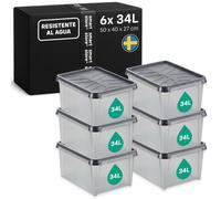 SmartStore Caja Almacenaje con Tapa 34 L I Pack 6 Cajas Apilables I 50 x 40 x 27 cm I Impermeable, Antipolvo I Garaje, Trastero, Sótano I Apta Alimentos I Made in Sweden 10 Años