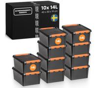 SmartStore Caja Almacenaje Resistente con Tapa I 14L I Pack 10 Cajas Apilables I Garaje Taller Mudanza I Cierre Clip I Made in Sweden I Negra I 40 x 30 x 19 cm