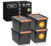 SmartStore Caja Almacenaje Resistente con Tapa I 49L I Pack 4 Cajas Apilables I Garaje Taller Mudanza I Cierre Clip I Made in Sweden I Negra I 59 x 39 x 34 cm