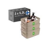SmartStore Caja de plástico mediana con asas 3× 5,3 L| Cesta organizadora para baño, lavadero, cocina, cajones y estanterías de la oficina | Contenedor de almacenamiento beige | L29,5×An 19,5×AL12 cm