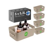 SmartStore Caja de plástico mediana con asas 5×5,3 L| Cesta organizadora para baño, lavadero, cocina, cajones y estanterías de la oficina | Contenedor de almacenamiento beige | L29,5×An 19,5×AL12 cm