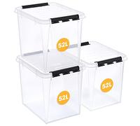 SmartStore Cajas de almacenamiento de plástico grandes de 52 L con tapa, paquete de 3, reforzadas, transparentes, seguras para alimentos, con cierre de clip, apilables y apilables, sin BPA, 50 x 39 x