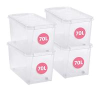SmartStore cajas de almacenamiento de plástico grandes de 70L con tapas y ruedas - Juego de 4 - Apilables - Garantía de 10 años - Seguras para Alimentos - Cierre con Clip L72 x W40 x H38cm