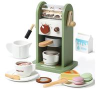 Smartwo Cafetera Juguete de Madera con Sonidos Realistas, Juego de Café y Postres, Cocina Juguete de Madera, Accesorios Cocinita Infantiles, Juego de rol de Barista, Regalo para Niños de 3 4 5 Años