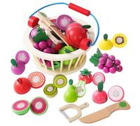 Smartwo Frutas Madera Juguete para Cortar, Comida Madera Juguete para Cocinita, Frutas y Verduras Juguete con Cesta, Accesorios Cocinita Infantil, Cocina Juguete de Madera, Regalo Niños 2 3 4 5 Años