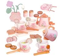 Smartwo Juego de Té para Niñas 24 PCS, Juguete de Madera para Cocina Niño, Accesorios y Decoración de Casas Muñecas y Cocinita Infantil, Regalo 2 3 4 Años, Jugar Postre y Tetera para Fiesta y Picnic