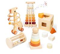Smartwo Juguetes Madera 5-en-1 para Bebe, Juguetes Montessori 1 Año con Torre Apilable, Instrumentos Musicales Niños, Motricidad Fina, Juguetes Sensoriales Educativos Montessori, Regalo 1 2 3 Años
