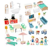 Smartwo Muebles para Casa de Muñecas 43 Piezas, Accesorios Casita de Muñecas , Muebles y Familias en Miniatura de Madera y Plástico, Cuna Cocina Salón Bath Juguete Bebé, Regalos para Niñas