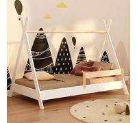 smartwood Cama Casita 80x160 - Cama Infantil Tipi Blanco de Madera de Pino FSC con Barandilla Anti-caídas y Somier de Lamas hasta 230 kg - para Niño y Niña - Montaje Fácil