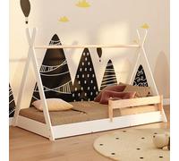 smartwood Cama Casita 80x160 - Cama Montessori Tipi F Blanco de Madera de Pino FSC con Barandilla Anti-caídas y Somier de Lamas hasta 230 kg - para Niño y Niña - Montaje Fácil