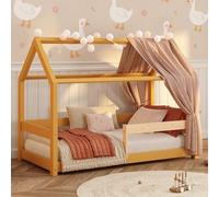 smartwood Cama Casita 90x190 cm de Madera Maciza - Cama Montessori en Amarillo con Barandilla y Somier hasta 230 kg - Diseño Escandinavo - para Niños y Niñas - Montaje Fácil - Milo