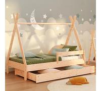 smartwood Cama Casita 90x200 - Cama Infantil con Cajón Tipi D Madera de Madera de Pino FSC con Barandilla Anti-caídas y Somier de Lamas hasta 230 kg - para Niño y Niña - Montaje Fácil