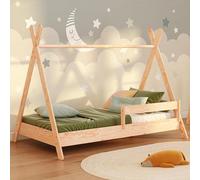 smartwood Cama Casita 90x200 - Cama Infantil Tipi de Madera de Pino FSC con Barandilla Anti-caídas y Somier de Lamas hasta 230 kg - para Niño y Niña - Montaje Fácil