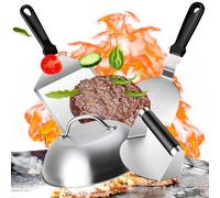 Smash Burger Kit 4 Piezas, Utensilios Barbacoa con Prensa Hamburguesas y Espátula de Cocina Set de Acero Inoxidable y Tapas Hamburguesa, para BBQ Barbacoas Plancha Superior Plana, Teppanyaki y Camping