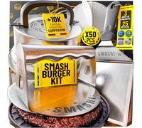 SMASHI® Smash Burger Kit 5 Piezas Profesional Acero Inoxidable 304 | Smasher + Espátula 13 cm + Tapa para fundir Queso + 50 Papeles antuadherentes + Guía 25 Recetas (Experto)