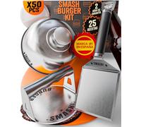 SMASHI® Smash Burger Kit 5 Piezas Profesional | Smasher Acero INOX 304 + Espátula 13 CM con Abridor + Tapa Fundir Queso + 50 Papeles Antiadherentes + 25 Recetas Smash para Hacer en Casa | (Experto)