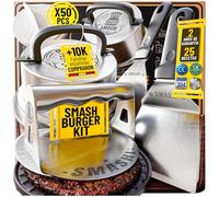 SMASHI® Smash Burger Kit 7 Piezas Profesional Acero Inoxidable 304 Smasher + 2 Tapas Smash + 2 Espátulas + 50 Papeles antiadherentes + 25 Recetas exclusivas Certificado EU Contacto Alimentos