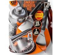 SMASHI® Smash Burger Kit 7 Piezas Profesional | Smasher + 2 Espátulas con Abridor + Tapa Fundir Queso + Especiero + 50 Papeles Antiadherentes + 25 Recetas Smash para Hacer en Casa. (AVANZADO)