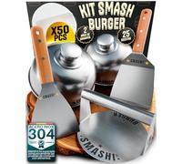 SMASHI® Smash Burger Kit Profesional Acero Inoxidable 304 Certificado EU Contacto Alimentos | Prensa Hamburguesas + Espátulas con Mango de Madera + Accesorios | Incluye 25 Recetas (Profesional)
