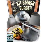SMASHI® Smash Burger Kit Profesional Acero Inoxidable 304 Certificado EU Contacto Alimentos | Prensa Hamburguesas + 2 Espátulas con Mango de Madera + Accesorios | Incluye 25 Recetas (CLÁSICO)