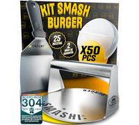 SMASHI® Smash Burger Kit Profesional Acero Inoxidable 304 Certificado EU Contacto Alimentos | Prensa Hamburguesas Smasher + Espátula Smash + 50 Papeles | El Auténtico Kit Smash Burger